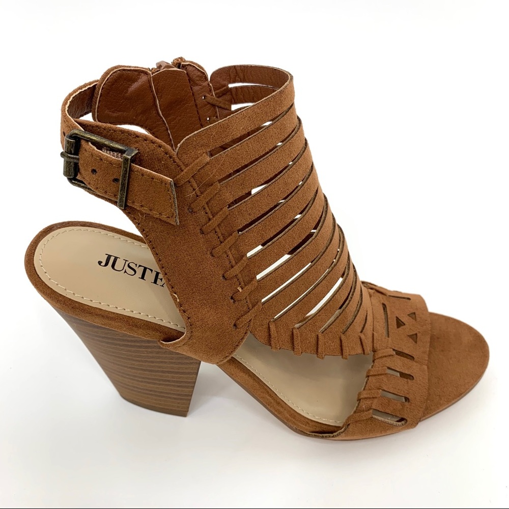 JustFab Austyn Caged Heel Festival Coachella Boho Sandal Cognac 6.5 New